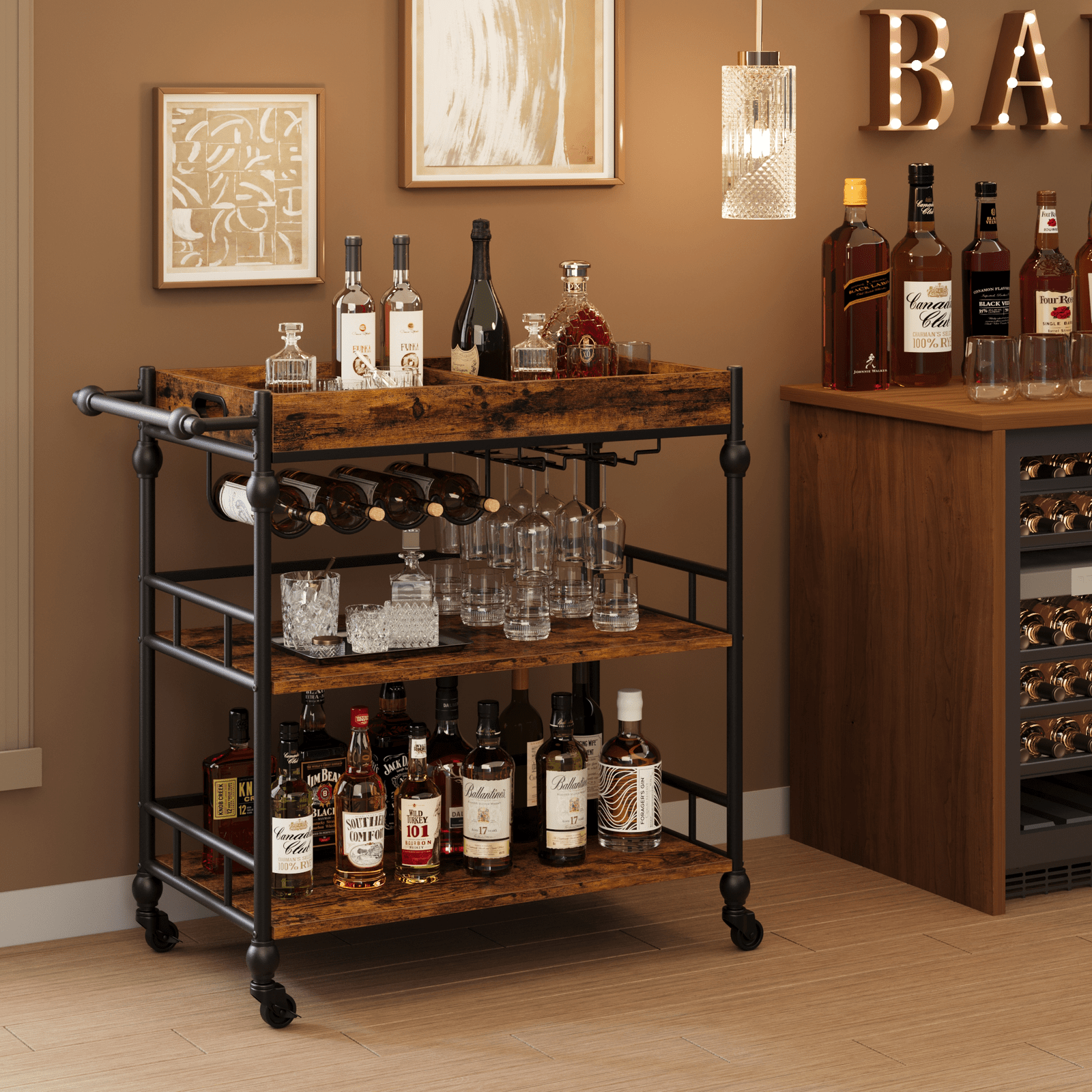 3-Tier Metal Bar Cart with Removable Tray & Wine Rack