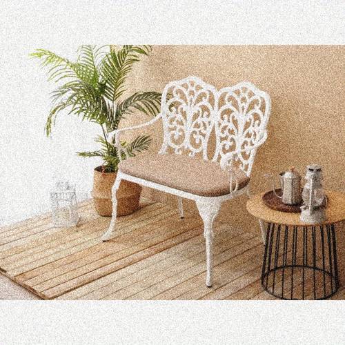 cast aluminum patio garden bench with design white cushion weather resistant outdoor armrest chair for lawn yard park decor durable metal furniture patio chair cushions backyard relaxation elegant seating furniture cushioned seating landscape designers