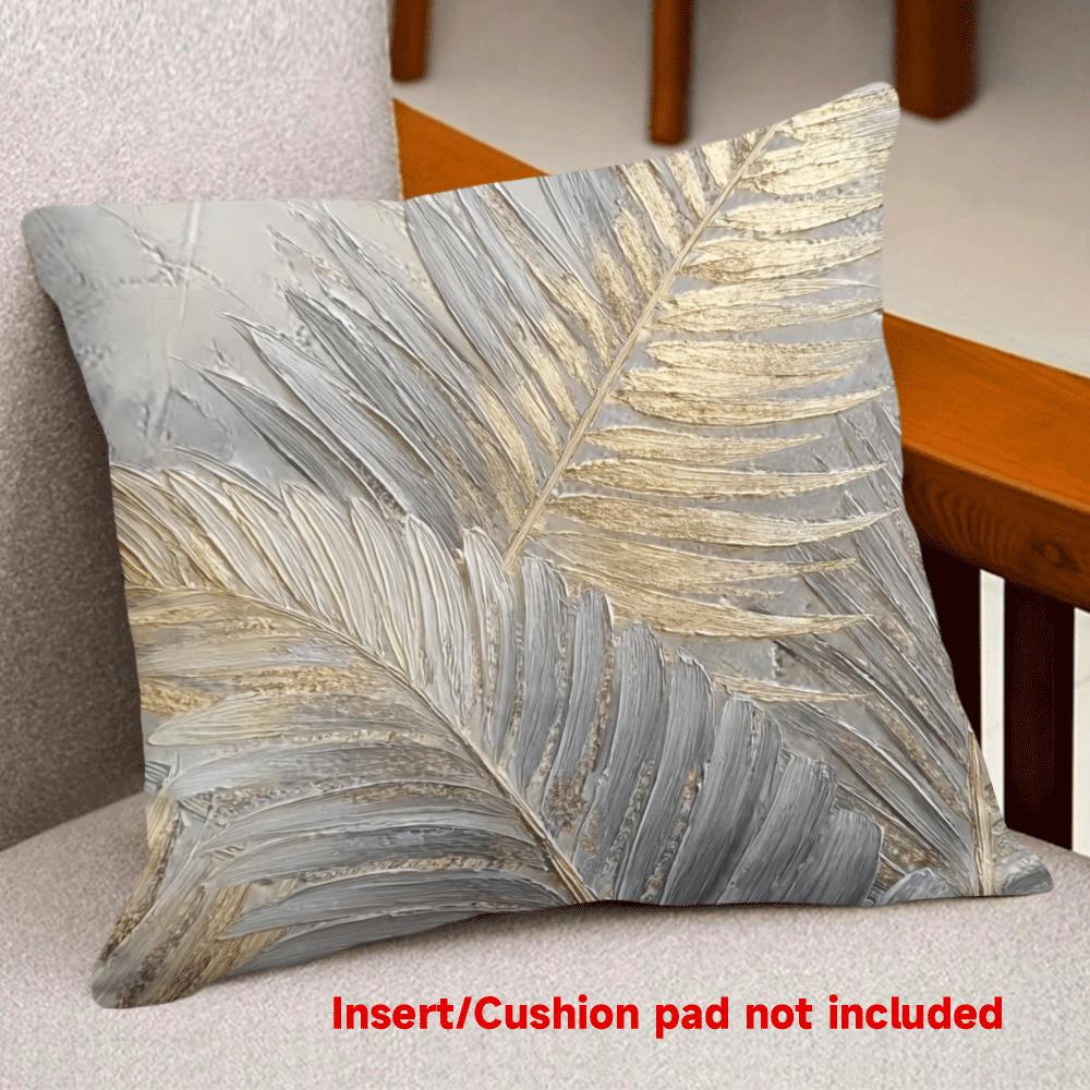 TEMU 1pc Leaf Print Pillowcase - Gray And Golden Monstera Design, Style Decor, Polyester Material With Zipper Closure, Machine Washable, Suitable For
