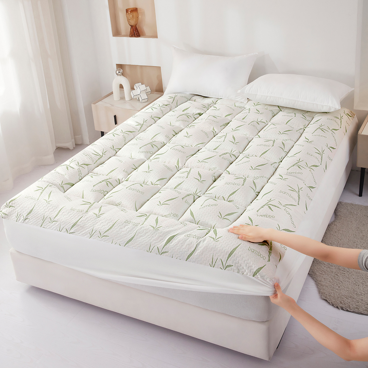 Natural Bamboo Fiber Mattress Protector, Smooth Cooling Breathable Bedding, Deep , Wrinkle Resistant, Skin-friendly, , Suitable For Home, Dormitory And Hotel Use