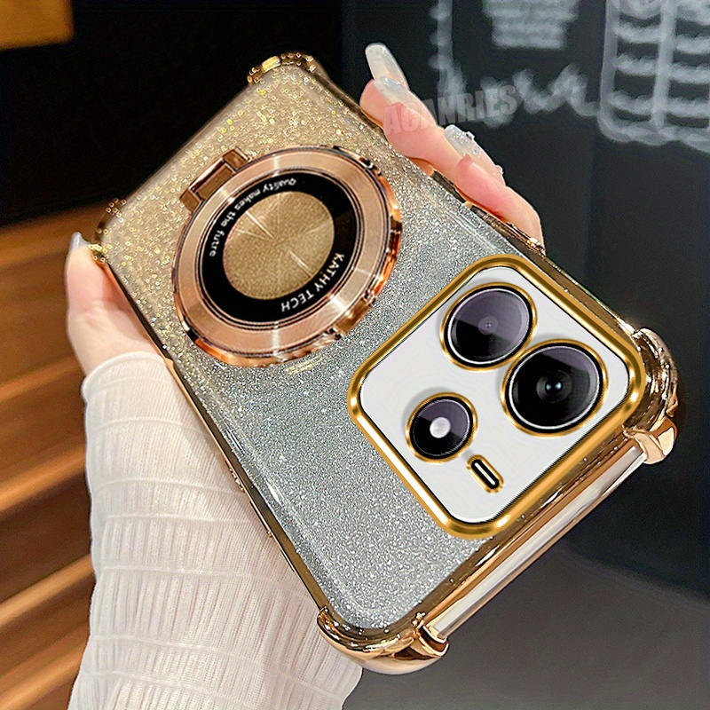TEMU Phone Case - Note14 5g Luxury Ring Folding Bracket Stylish Plating Holder Stand Gradient Glitter Shockproof Phone Case For Xiaomi Redmi Note 14
