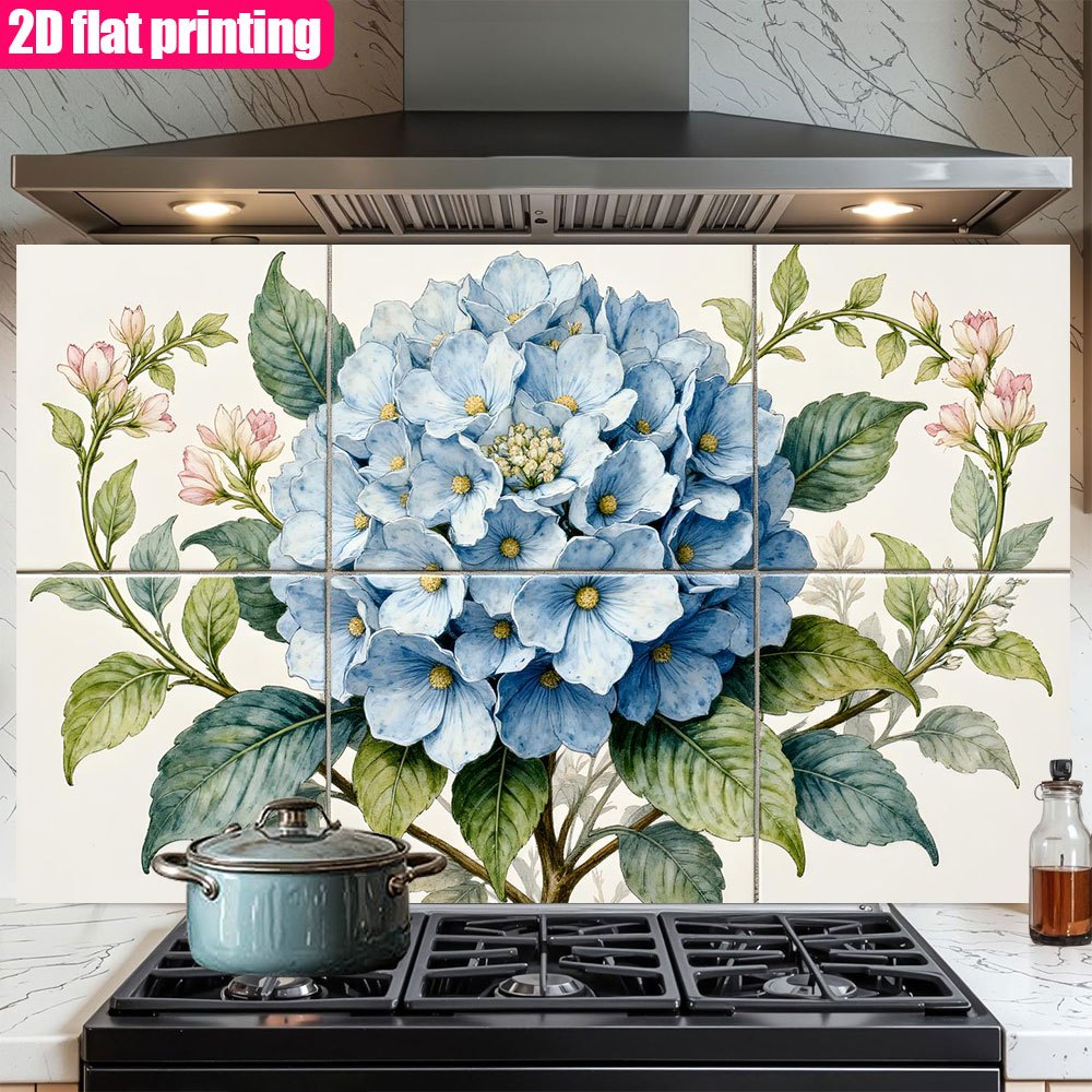 TEMU 2d Flat Printing Stove Backsplash Oil-proof Decorative Sticker, Blue Hydrangea With Green Leaves Floral Pattern, Self-adhesive Stove Background