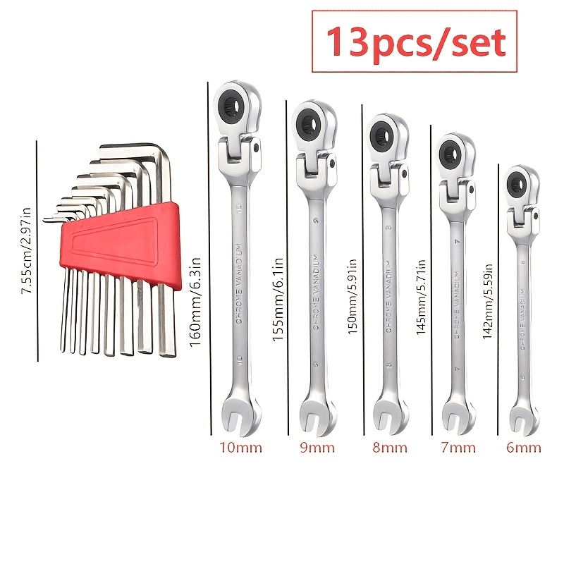 TEMU Heavy-duty 9/13pcs Wrench Set, 180° Rotating Wrench, Including 2/5pcs Ratchet Wrenches And 7/8pcs Hex Wrenches, Easy To Carry, Suitable For Car