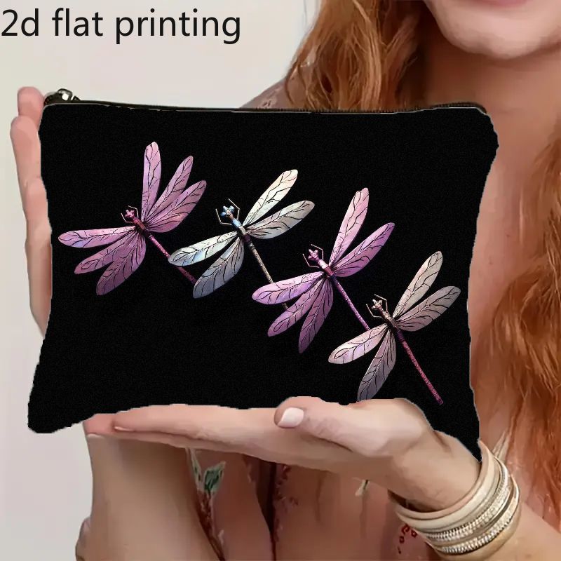 TEMU Lightweight And Portable Makeup Bag, Featuring A 2d Flat Dragonfly Design, Zipper Closure, Ideal For Organizing Cosmetics, Toiletries, And For