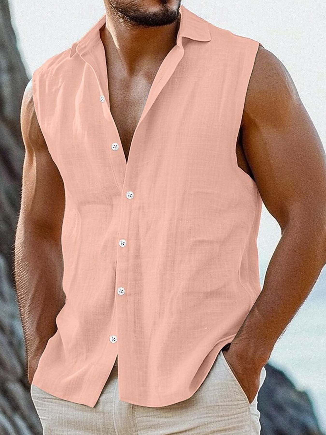 men s summer casual sleeveless shirt, linen turn- collar thin minimalist vest 0