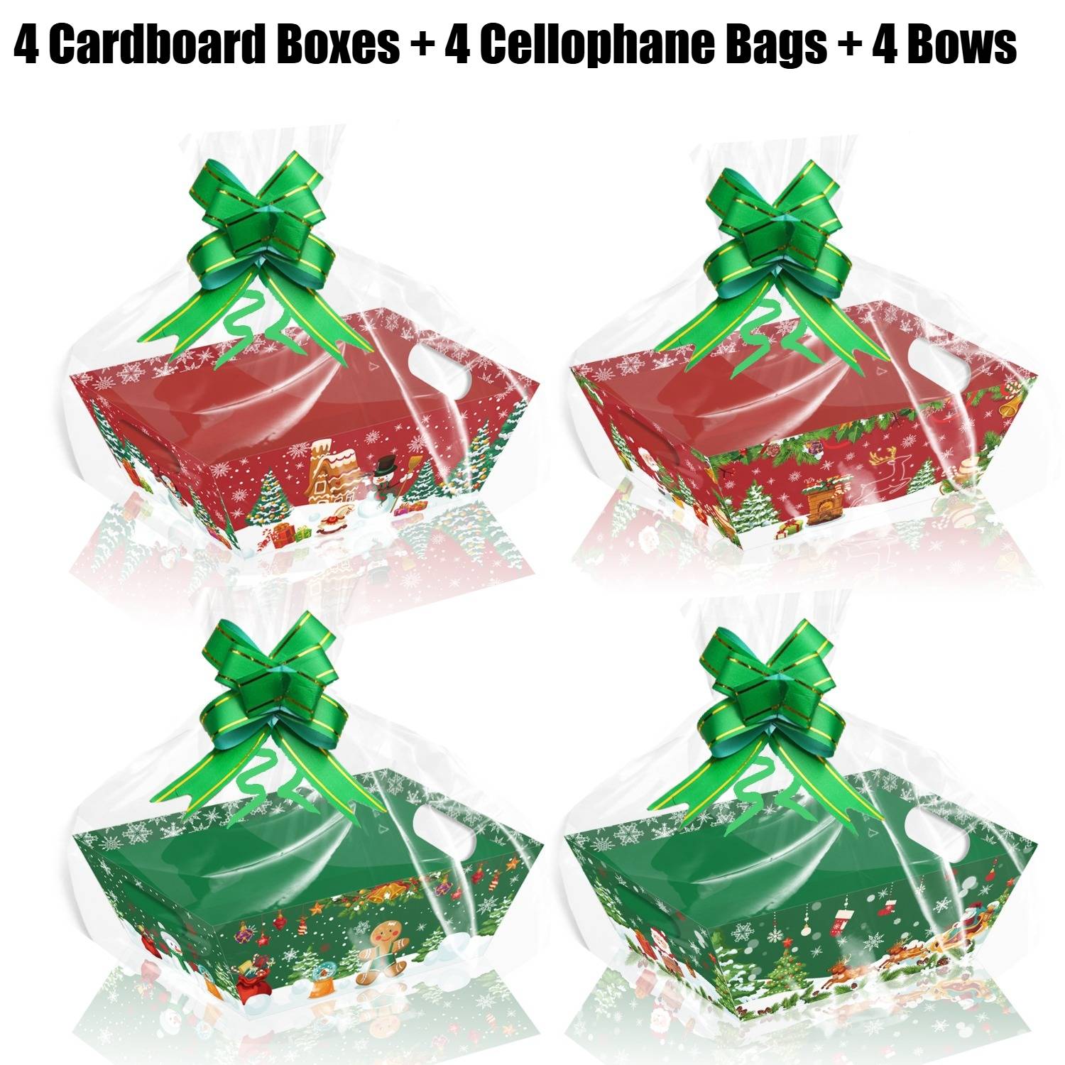 TEMU Kit Panier Cadeau de Noël avec 4 Boîtes en Carton + 4 Sacs en Cellophane + 4 Nœuds, Imprimé de Neige, Écureuil et Pain d'Épices pour Homme,