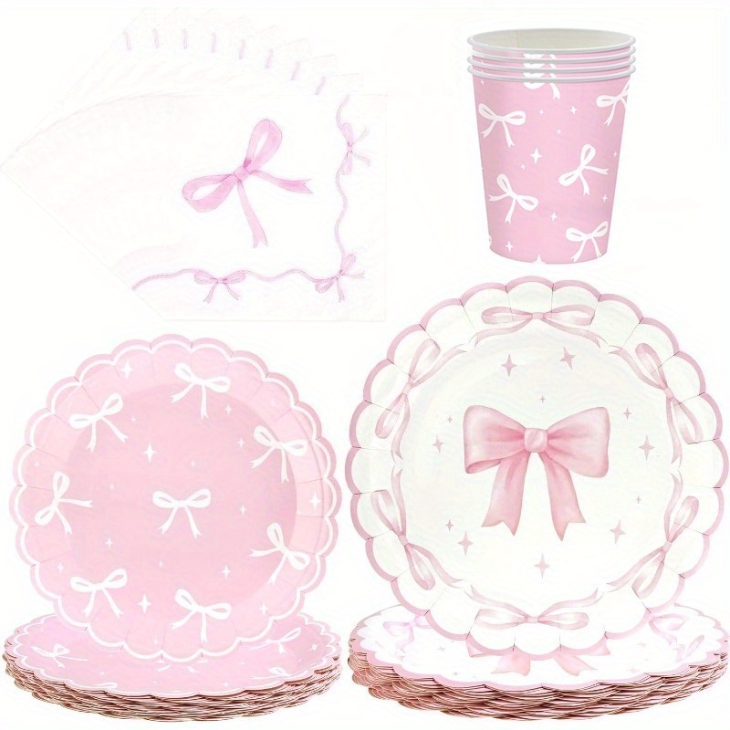 Image of 60pcs Bow Party Plates Serve 20, Bow Plates And Napkins Cups Set, Disposable Tableware For Birthday Supplies Party Decorations I Perfect For Halloween