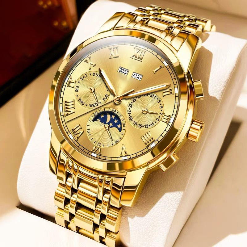 TEMU Men's Luxury Watch - Winding Chronograph With Luminous Hands, Roman & Date/day/week/month Display, Stainless Steel Golden-tone Case & Band -
