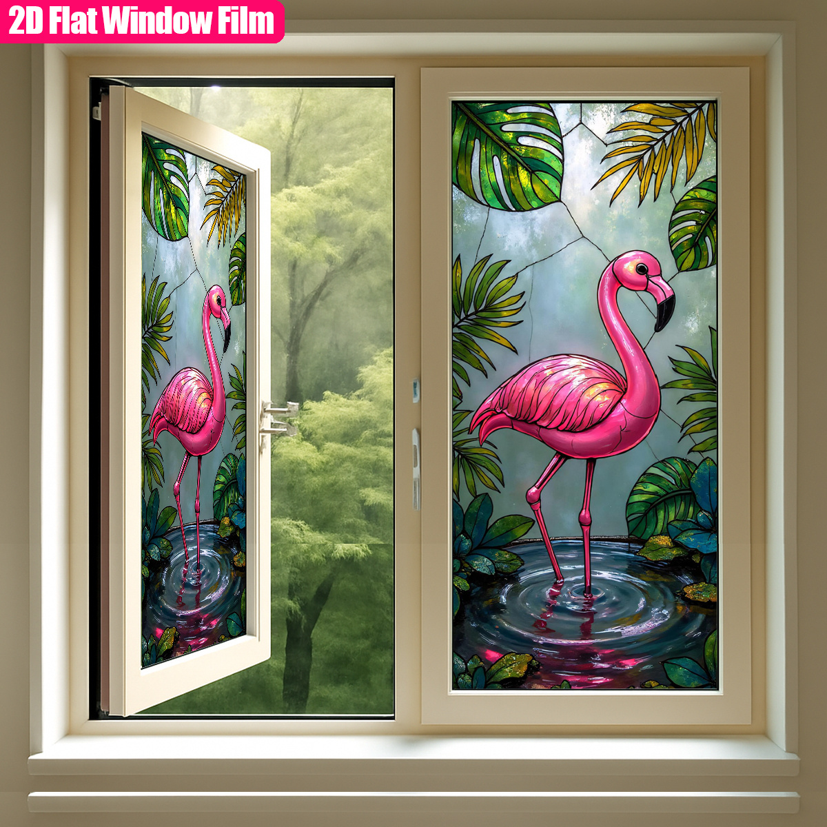 TEMU 1pc Of Frosted Static Cling Pvc Window Film Featuring Flamingos And Tropical Leaves, Designed As A Decorative Privacy Sticker For Home Decor.