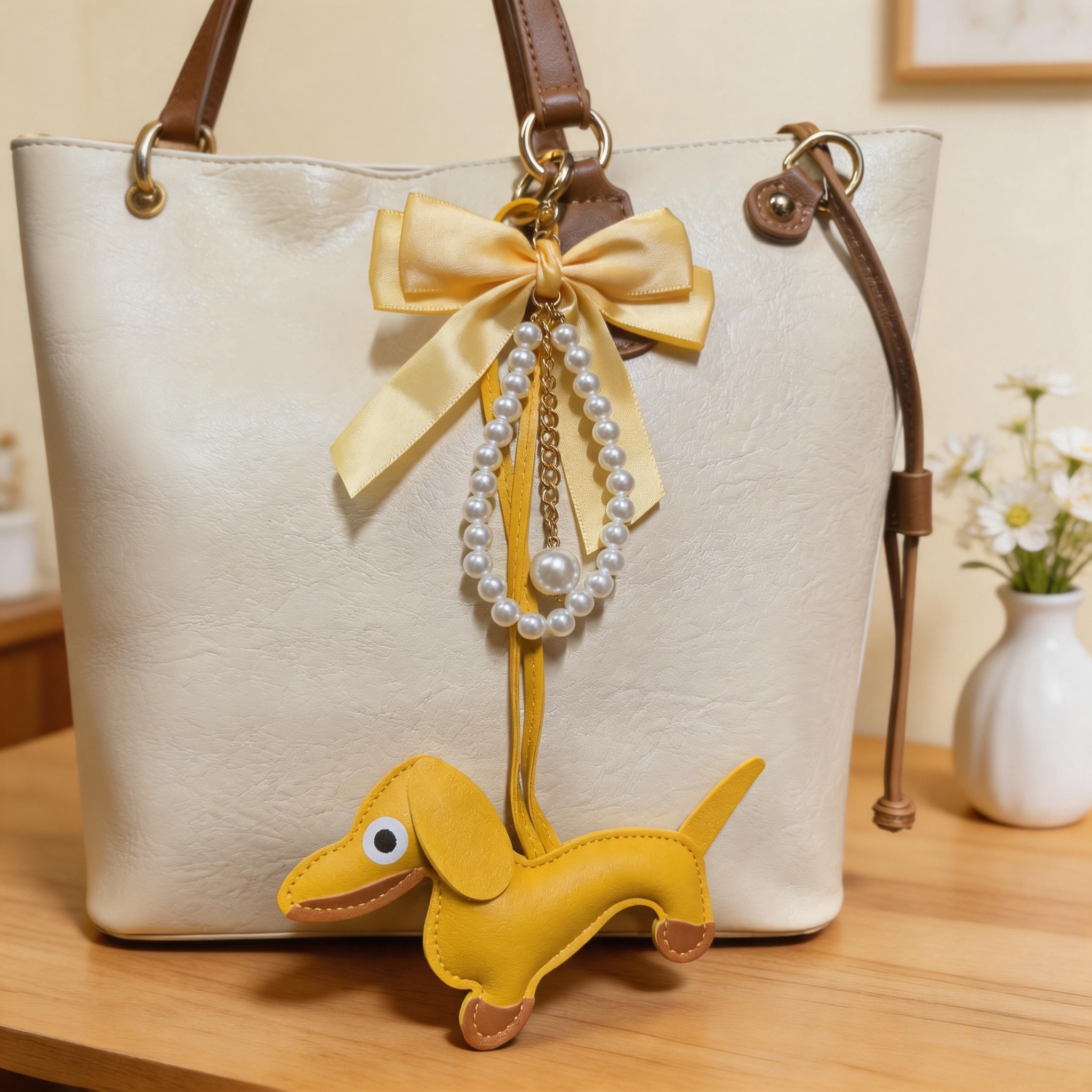 PU Dachshund Dog Bag Charm with Satin Bow
