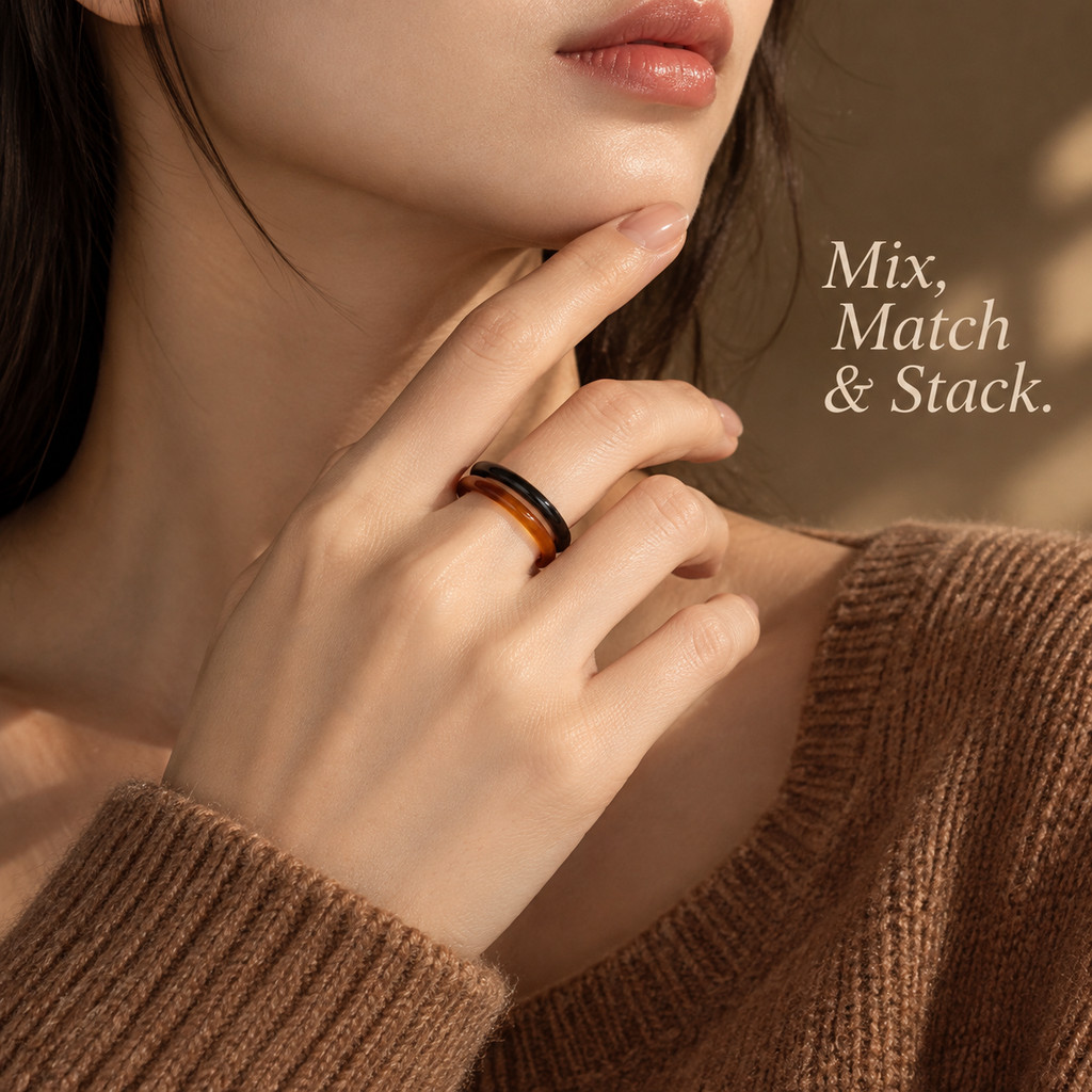 2pcs Black Agate & Brown Agate Natural Stone Ring Set