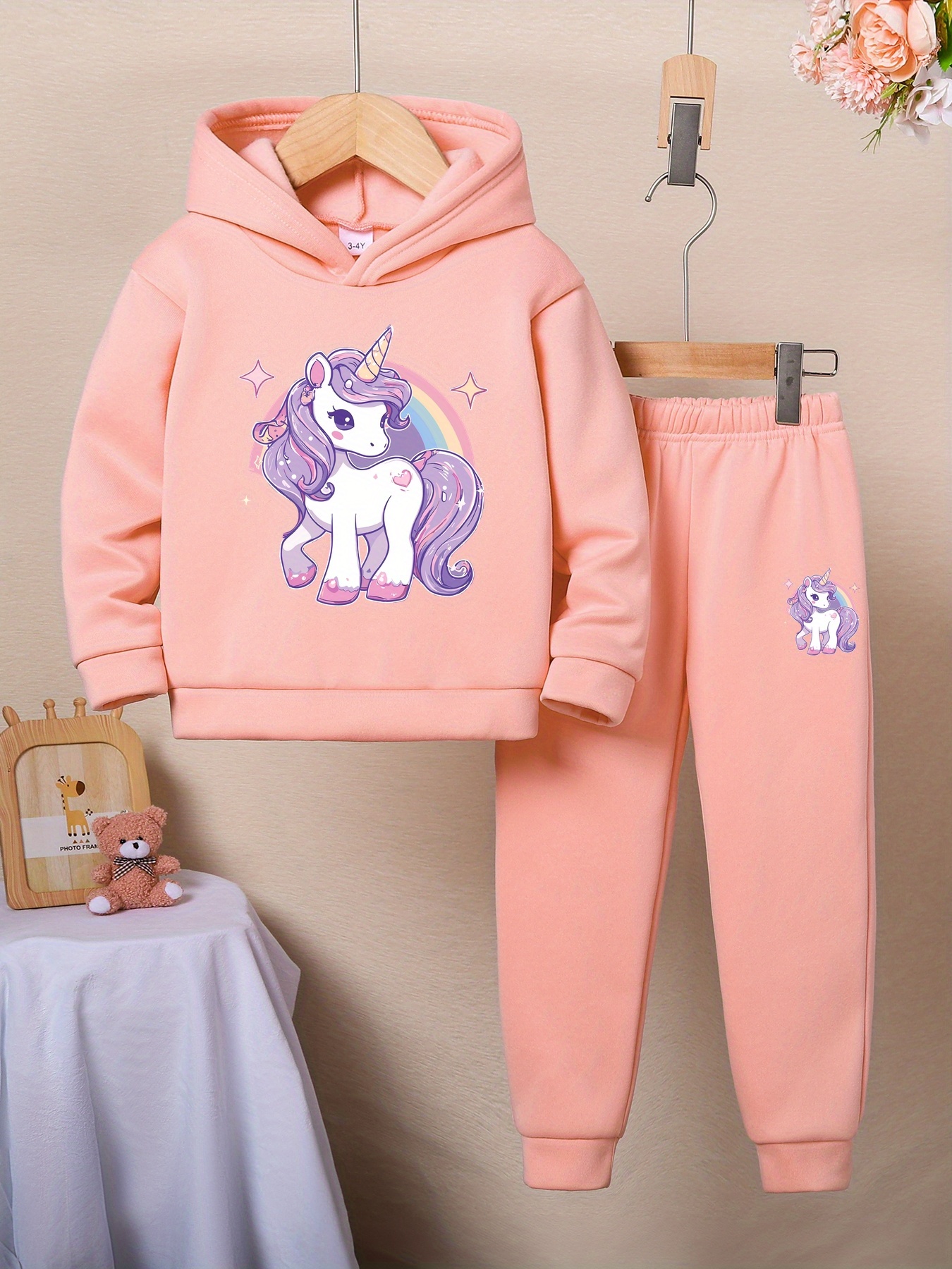 Girls' Unicorn Pattern Long-Sleeve Hoodie and Pants Set
