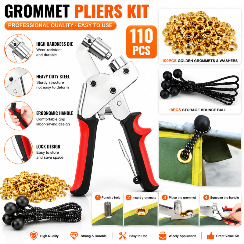 Image of 110pcs Grommet Pliers Kit Heavy Duty Eyelet Tool Set With Golden Grommets And Washers For Leather Fabric Canvas Repair Crafts