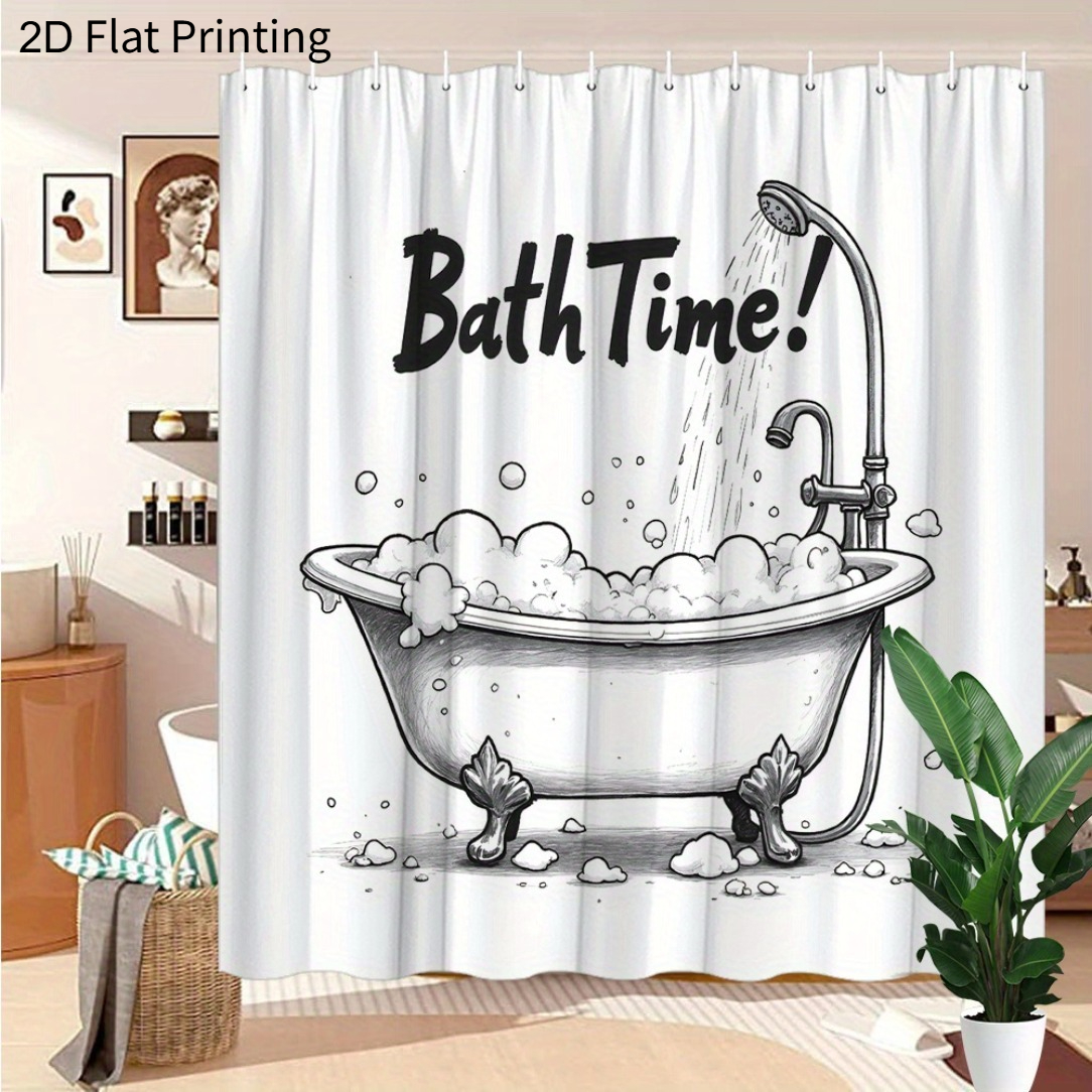 TEMU 2d Flat, 2d Flat, 2d Curtain 1pc Retro Claw Foot Bathtub Curtain With Soap Bubbles And " !" Text - Retro Whimsical Bathroom Decor, 70.8x70.8