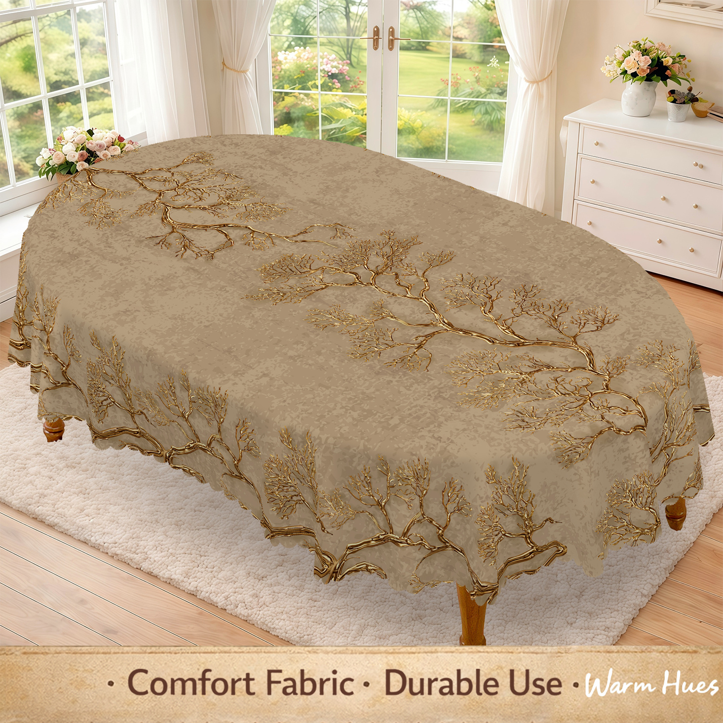 1pc, Vintage Golden-Brown Tree Tablecloth, Elegant Golden Branch Print with Intricate Twigs And Leaves, Artistic Nature Design on Textured Beige Background, Botanical Style Table Cover for Dining Room, Kitchen And Home Decor, 7 Sizes Available