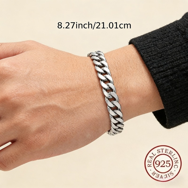 TEMU S925 Pure Silvery Bracelet Valentine's Day Gift - Classic Retro Cuban Chain Bracelet Handmade Jewelry Durable Fashion Bracelet