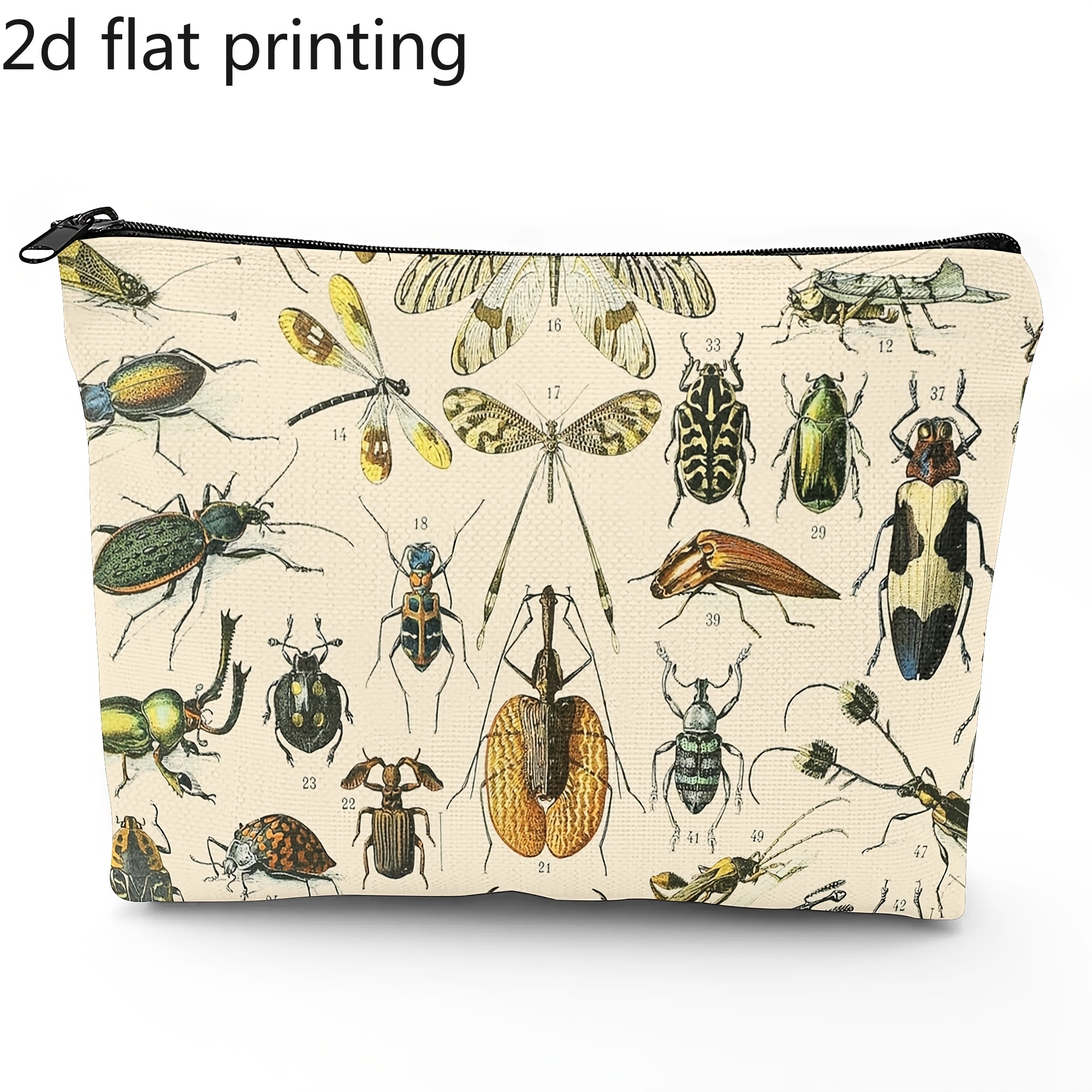 TEMU Trousse de maquillage à motif d'insectes vintage avec impression 2D à plat - Pochette à cosmétiques à motif d'insectes, adaptée pour de voyage,