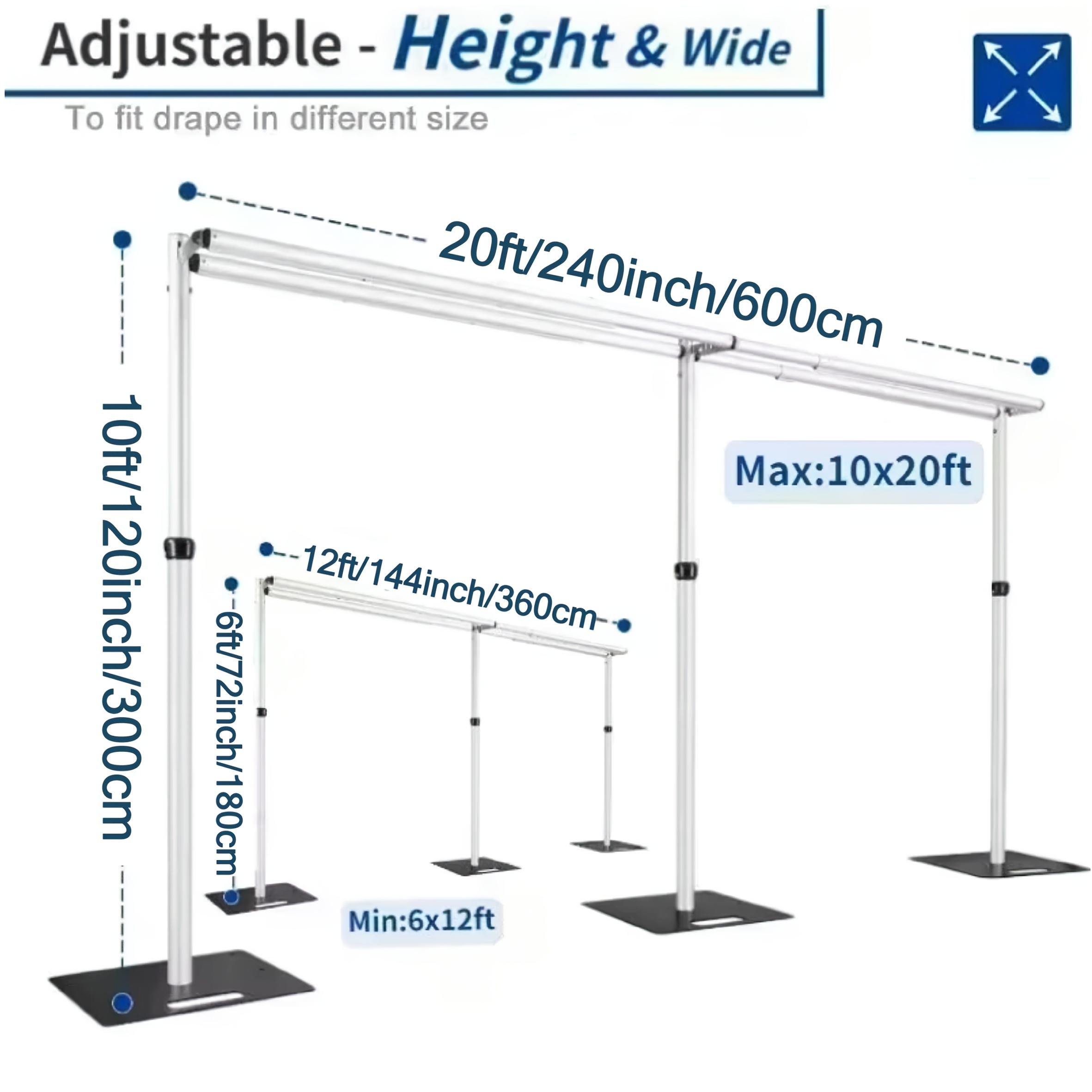Image of Adjustable Double Pipe Wedding Drape Backdrop Stand, Engasynthetic Gemstoneent Ceremony Curtain Portable Aluminum Alloy Stand, Banquet Background Decoration Artificial Flower Wall Support Frame