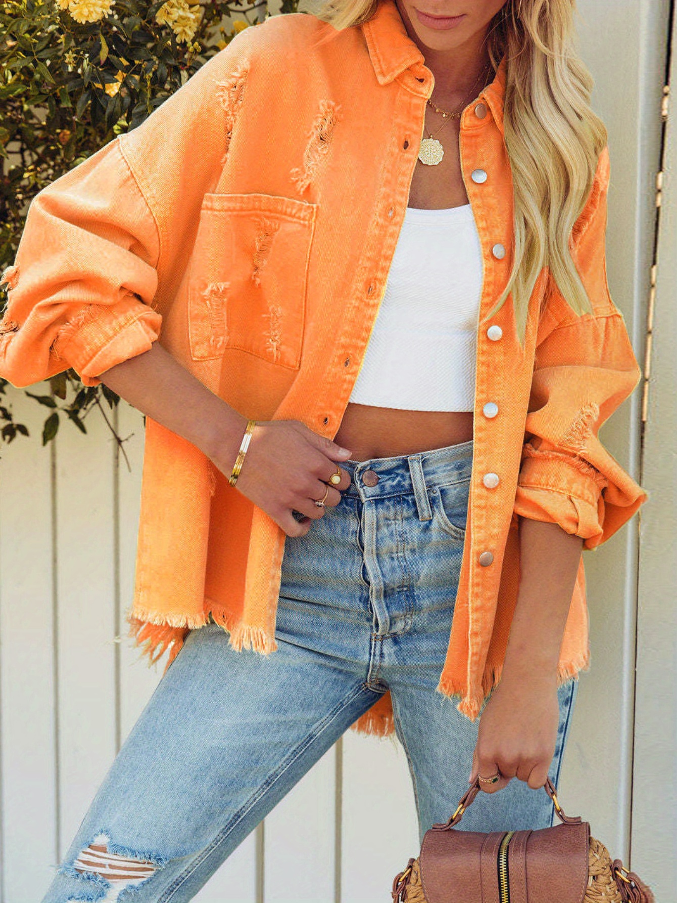 womens yellow fringed denim jacket ripped details casual Temu