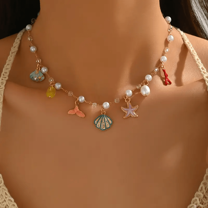 Image of 1 Bohemian Artificial Starfish Scallop Fishtail Coral Alloy Pendant Adjustable Necklace, Suitable For Daily Vacation Wear, Holiday Gifts, Gifts