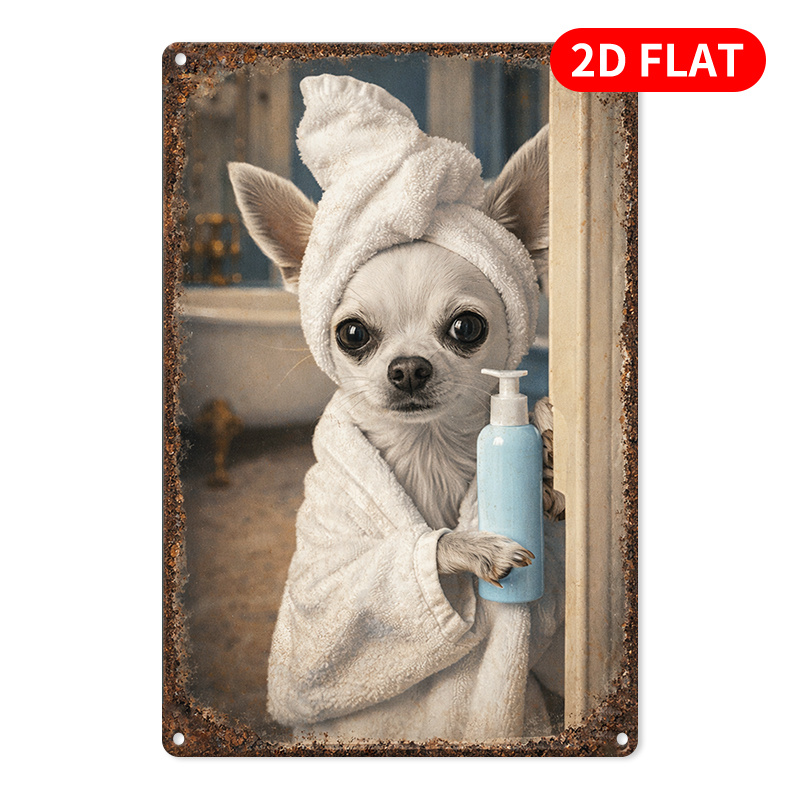 2d Flat, 1pc Chihuahua In Bathrobe Metal Wall Sign - Retro Farmhouse Dog Decor With Robe, Hang For , Kitchen & Decoration, No /, Perfect Gift For Pet Owners (christmas/halloween), 2d Flat