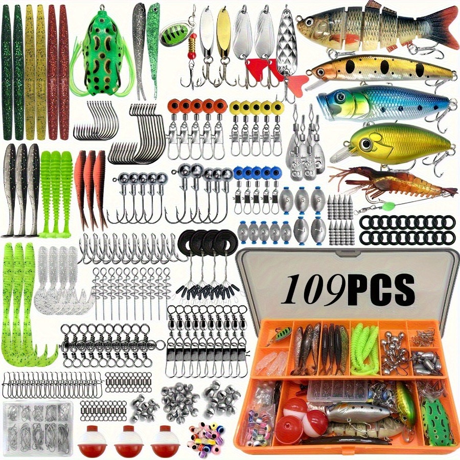 Popular - Professional Fishing Lure Set | 109pcs Set Including Treble Hooks, Soft Baits, Plastic Worms, Weights, And Hooks (for Saltwater)