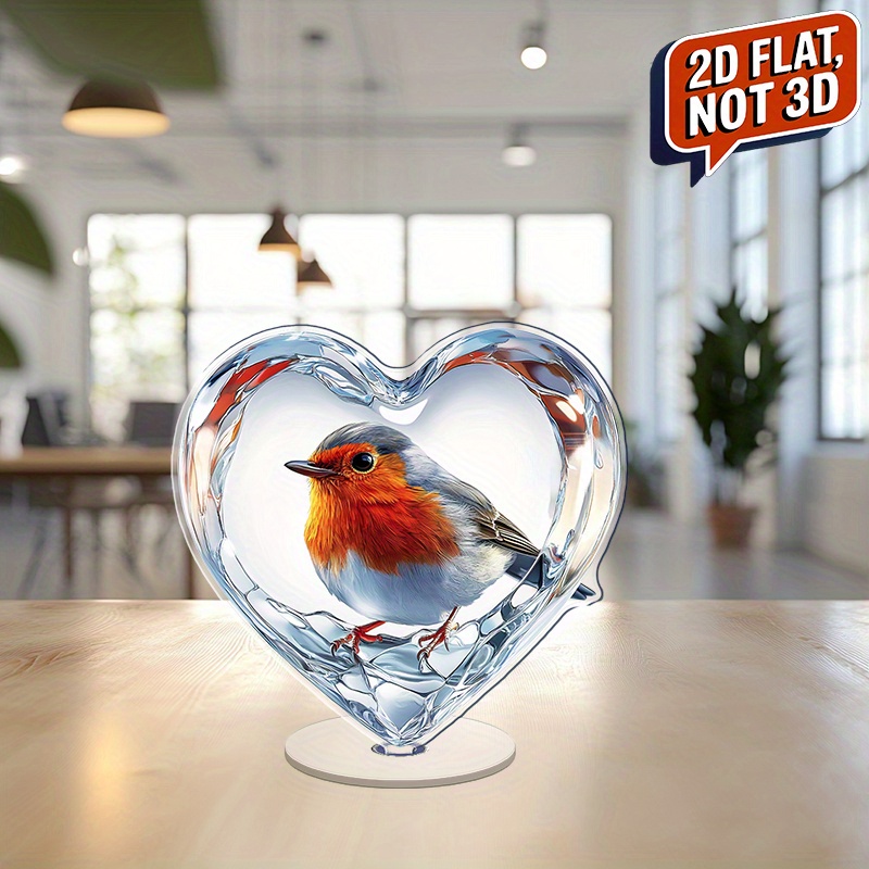 TEMU 2d Flat - A Single 2d Flat Acrylic Tabletop Decoration That Rotated, Showcasing A Beautiful Transparent Crystal Heart With A Robin, Perfect For