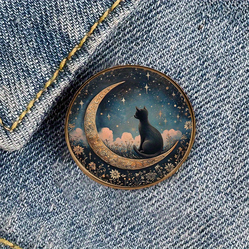 TEMU 1pc Moon Cat Night Sky Golden Resin Round Brooch Badge For Backpacks, Hats, Clothes, Shoes And Boots