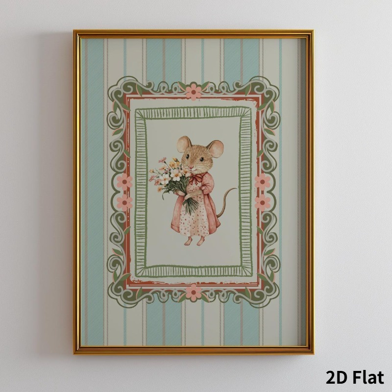 TEMU 2d Flat, 2d Flat, 1pc 2d Flat Country Style Little Mouse Art Poster Vintage Floral Mouse Wall Art Unframed Canvas Print Available In Multiple