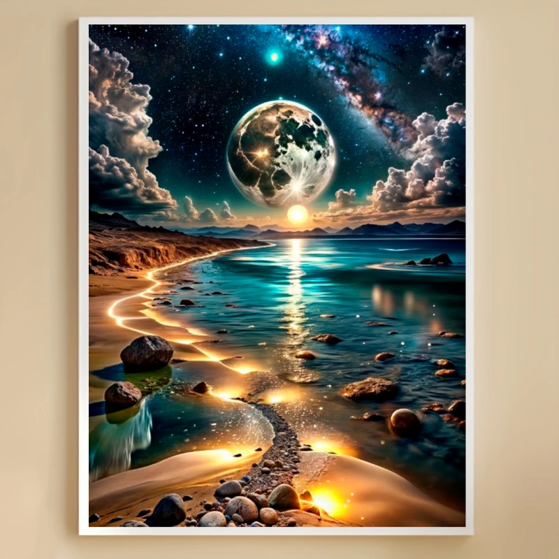 TEMU Kit de broderie point de croix 1 pièce, scène de nuit océanique avec , 36*46cm/14.17*18.11in, art DIY avec fils, d'aiguille, peinture sur tissu