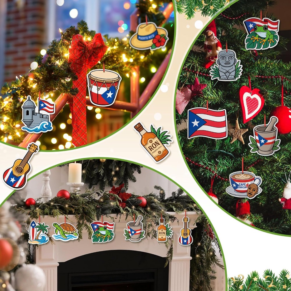 TEMU 12pcs Puerto Rican Christmas Tree Decorations & Ornaments Suitable For, Tabletop, Mantel - Artificial Wood Traditional Poinsettias, Stars, Bells