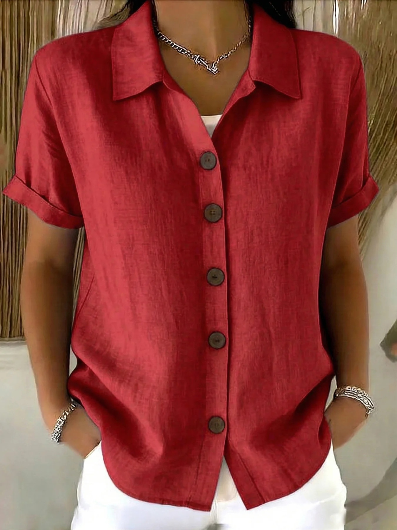 V Neck Collar Blouses - Button up Shirts for Women Short Sleeve Tops - Elegant Outfits Business Casual