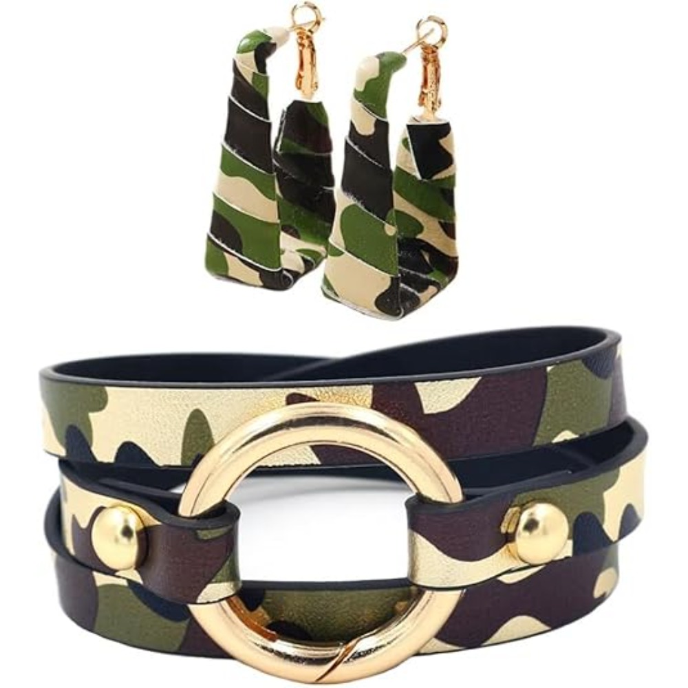 TEMU 3pcs Camouflage Bracelet Earring Jewelry Set, Men's And Women's Bohemian Style Camouflage Cuffs Bracelet Surround Earrings Clothing Additions