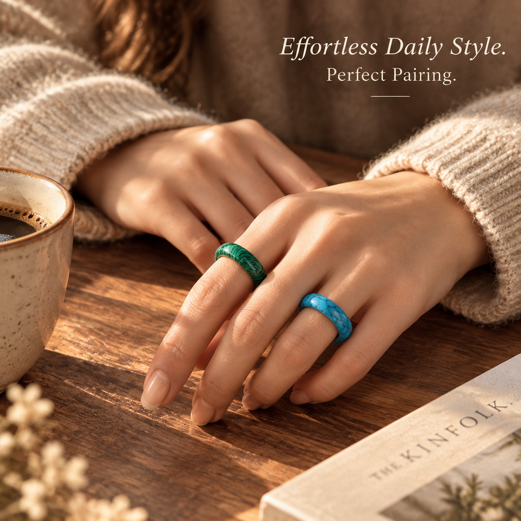 2pcs Malachite & Turquoise Stone Rings for Women, Stackable