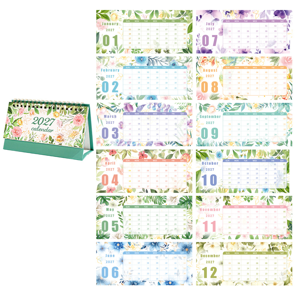 TEMU 1pc 2027 Green Floral Desk Calendar Cute Floral Prints Small Portable Size, Daily Weekly Monthly Pages, For Home And Office, Schedule Organizer