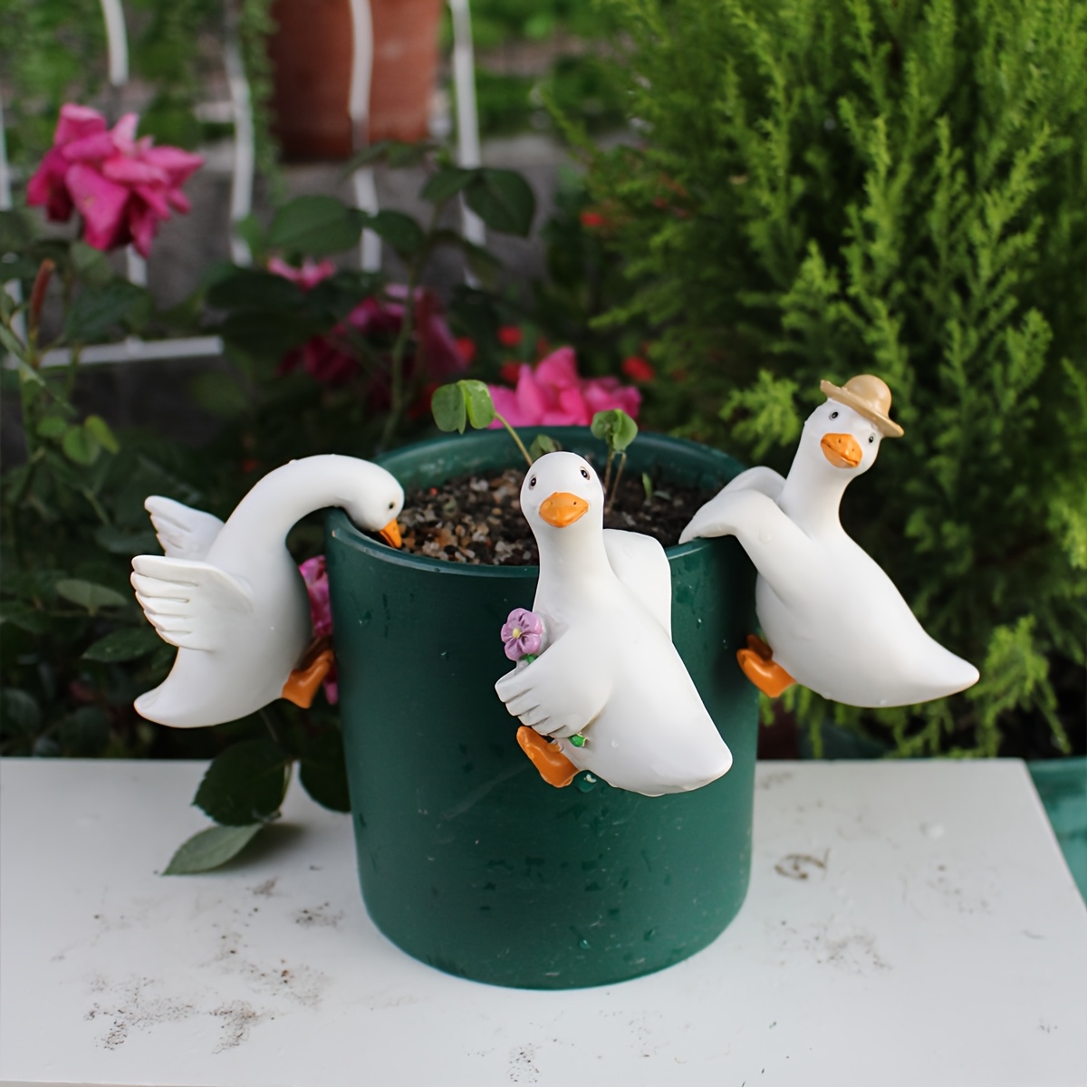 Image of 3pcs Statue Flower Pot Hanging Ornament/straw Hat Flower Gift Duck Mr./ Fence Flower Pot Hanging Ornament/indoor Room Balcony Potted Edge Hanging Ornament