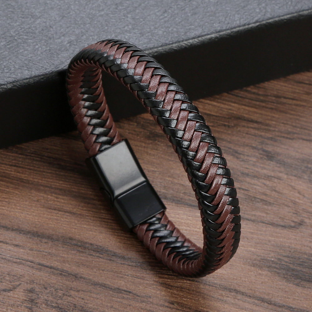 TEMU 1 Pulsera de cuero tejido negro y marrón, estilo retro europeo y americano, hebilla magnética, cuerda de de cuero de vaca para hombre, forma de