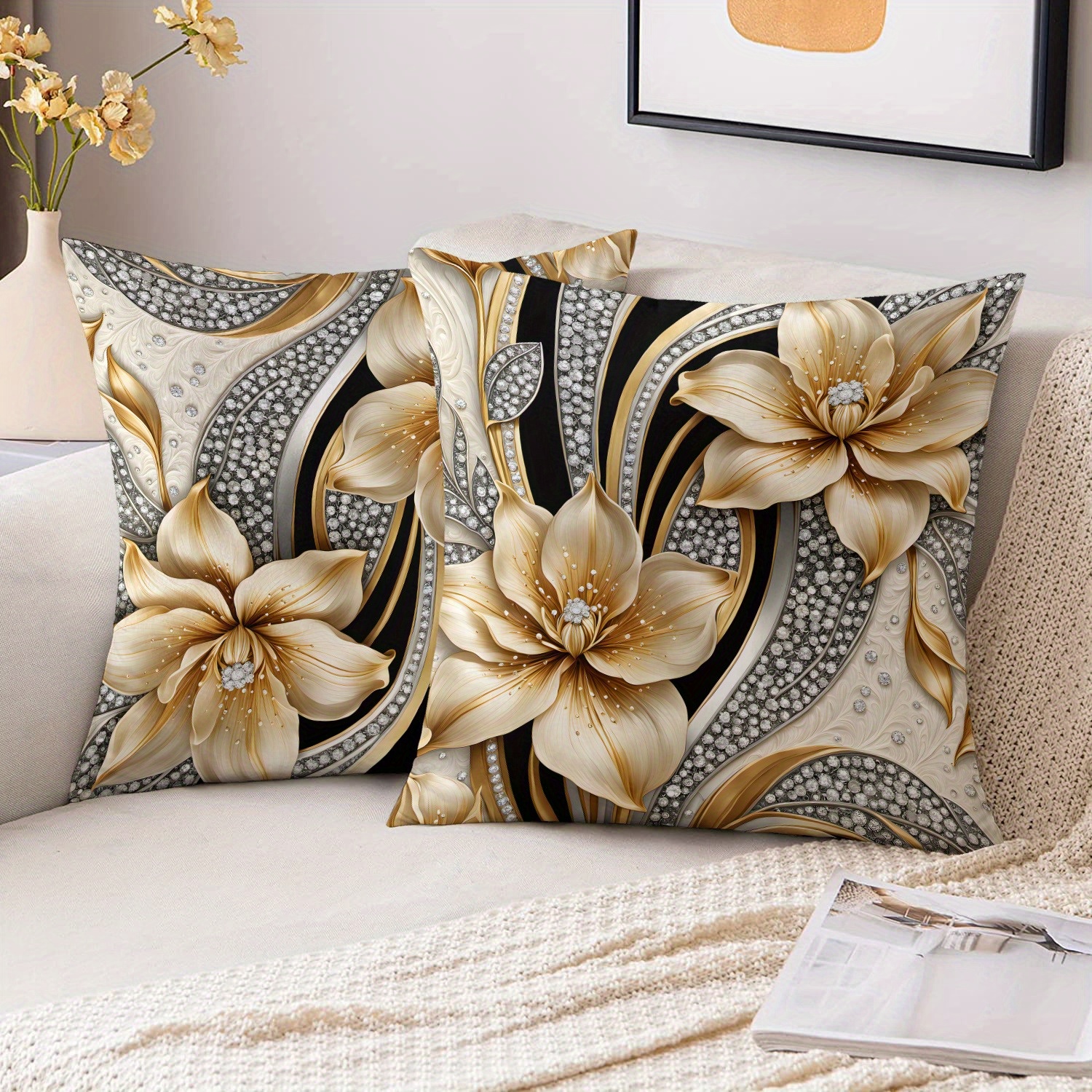 TEMU 2pcs, Single-sided Printing, Suitable For Outdoor, Light Golden Floral Series Pillowcases, Matching Light Golden Floral Print, Multiple Sizes ,