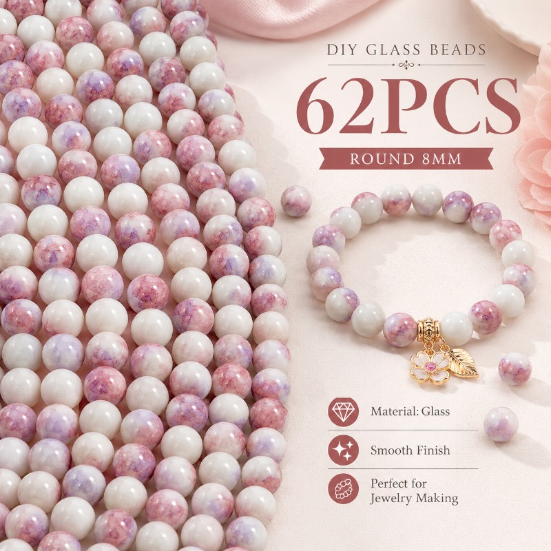 TEMU 62pcs Purple And White Water-stained Porcelain Beads With Holes, 8mm Standard Round Glass Loose Beads, Suitable For Diy Bracelets, Necklaces,
