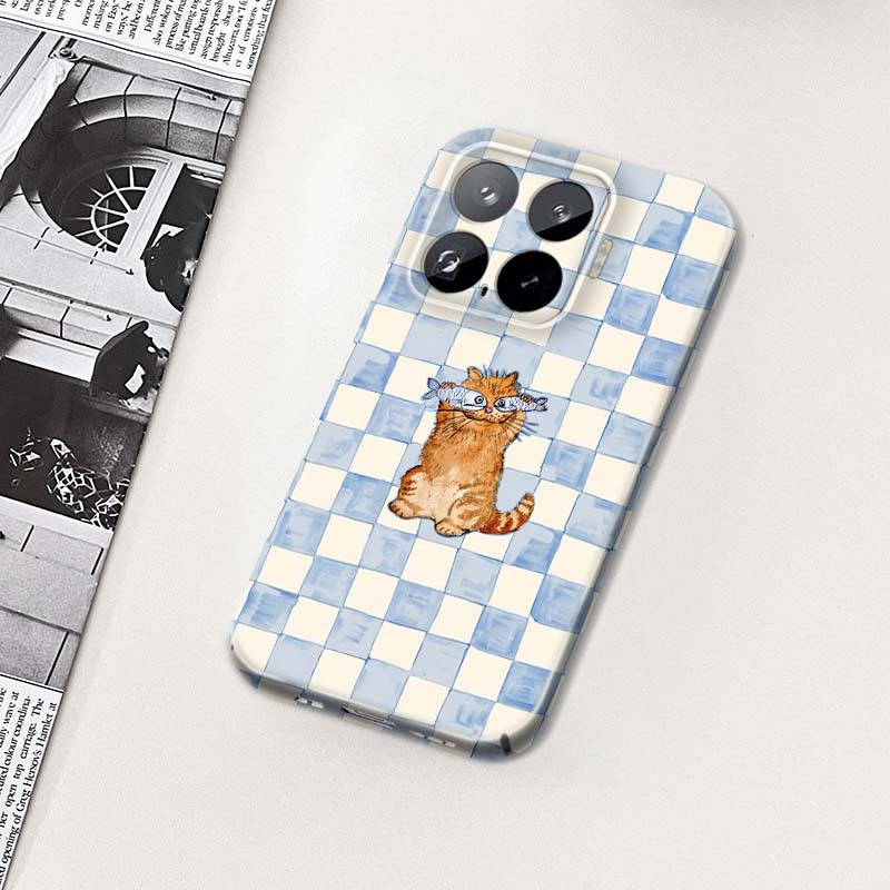 Etui za telefon - Čudovit modri karo dizajn z mačko, trdi etui za telefon, združljiv z modeli Xiaomi 15, 15S, 14, 14T, 13, 13T, 12, 12T, 12X,