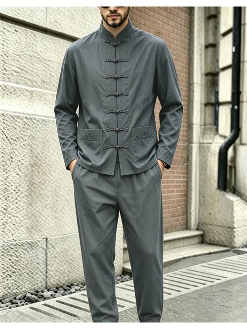 spring summer mens new embroidery tang suit chinese style two piece set lightweight and breathable comfortable and versatile mens long sleeve shirt and long pants lightweight and breathable easy