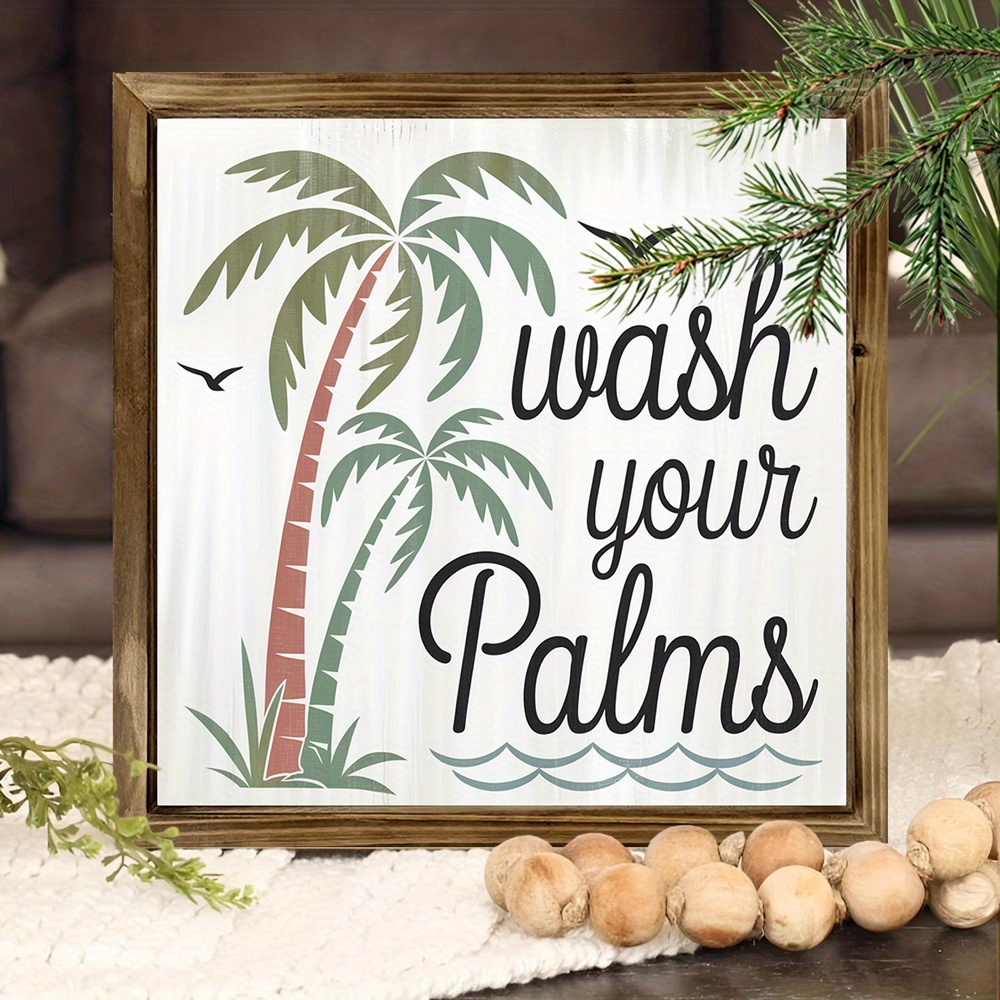 

Tropical Beach-themed 'wash Your ' Wooden Sign With Frame - Bathroom, Kitchen & Living Room Decor, Housewarming Gift, 8x8 Inch