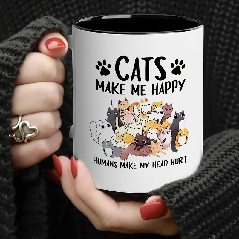 TEMU Cat And Letter Print Coffee Mug - 11oz Home Insulated Ceramic Cup - Perfect Gift For On Halloween Christmas Easter And Other Holidays