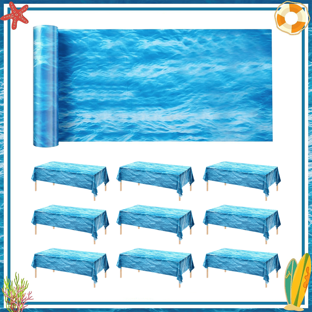 TEMU 1 Rouleau de Nappe en Plastique à Motif Océan Bleu avec Découpeur - 54 pouces * 100 pieds, Nappe Durable à Thème Marin, Idéale pour Plage, Fêtes