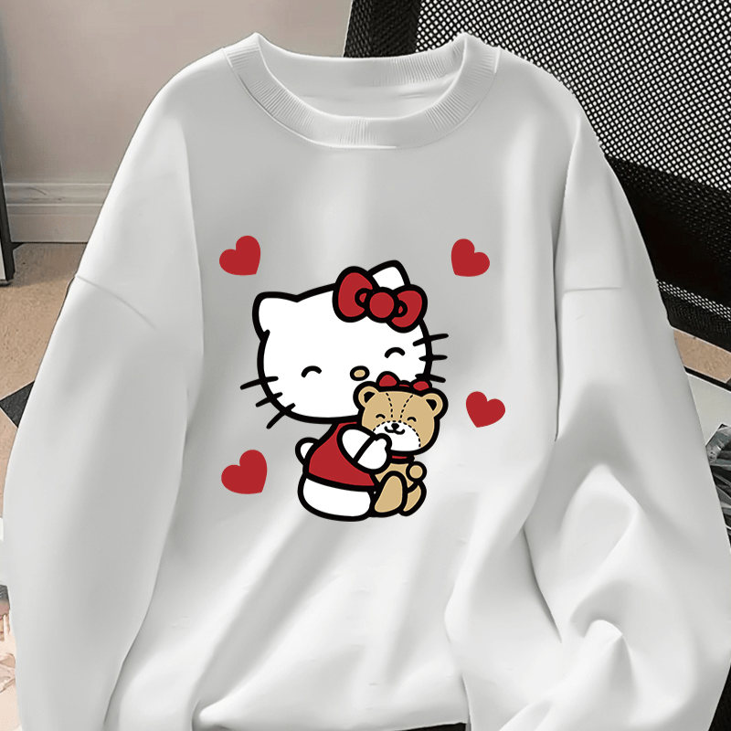 

Apparel| Sanrio Hello Kitty Graphic Crew Neck Sweatshirt For Women - Cozy Polyester, Machine Washable, Casual Wear With Cute Cartoon Print