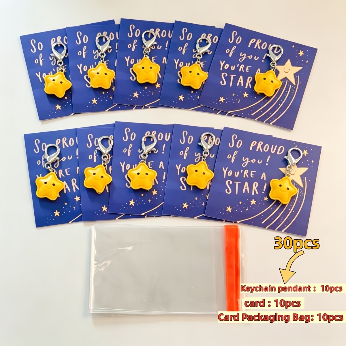 TEMU 30pcs Set Containing 10 Adorable Star-shaped Keychain Combinations, With Encouragement Cards. The Set Includes 10 Keychains, 10 Cards, And 10
