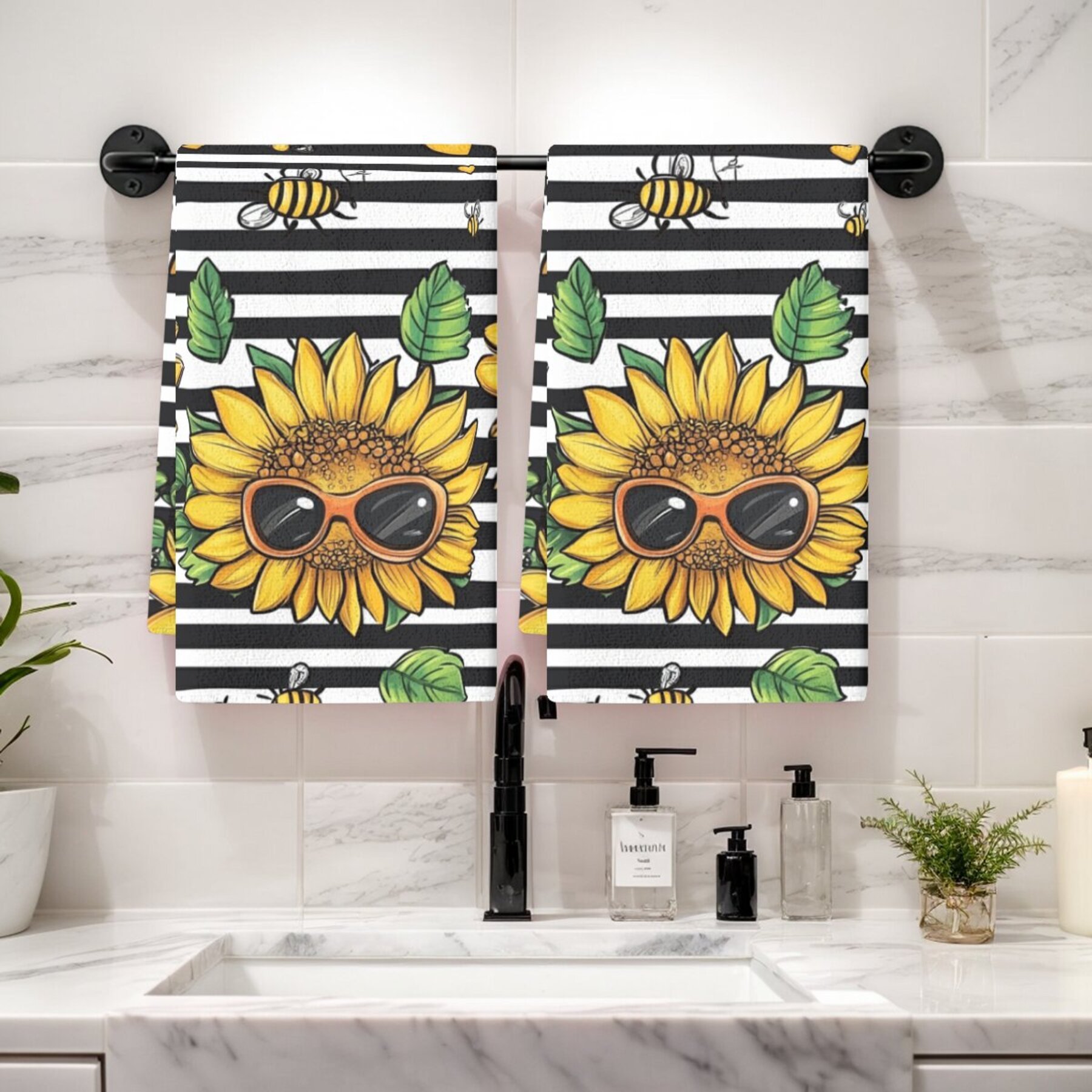 2pcs modern sunflower patterned polyester dish cloths, woven oblong hand wash only kitchen towels with floral theme, dish towels for kitchen details 2