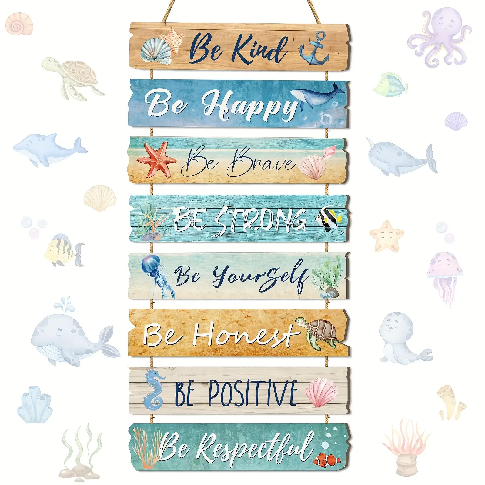 TEMU 2d Flat, 2d Flat 8pcs Set Ocean Wooden Wall Decor, Inspirational Summer Beach Hanging Sign, Themed Plaque Sign, Suitable For Home