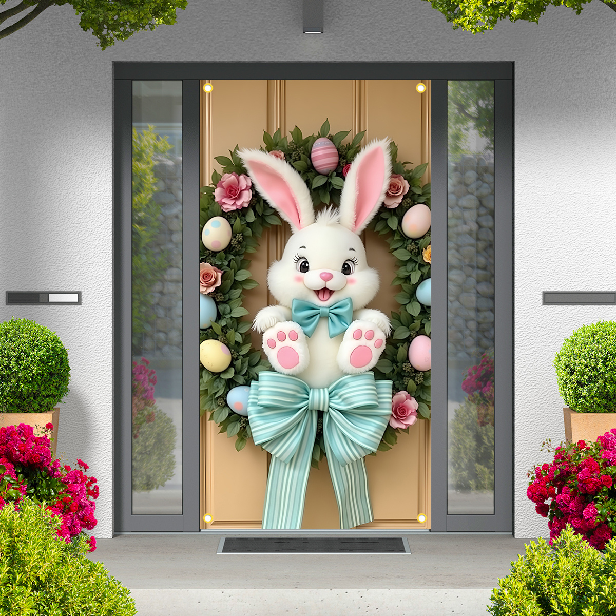 

2d Door Banner, Easter Bunny & Pastel Egg Wreath Door Banner - Accent, Polyester, No Power Needed - Indoor/outdoor Holiday Decorations, Door Cover, Hanging Banner Sign, Party Supplies Decorations