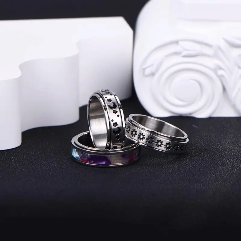 3pcs 316l 316l stainless steel spinner rings for - moon, star, flower fidget bands for relax, wedding promise rings, everyday & party wear, perfect gift for holidays, music festivals, father s day, thanksgiving, easter, relax rings | minimalist rings | durable rings, without battery Product details 4